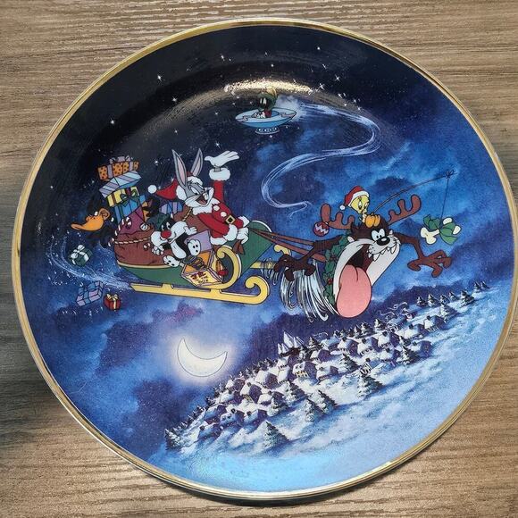 Looney Toons Vintage Collectible Plate 8" What's Up Santa 1993 Bugs Bunny Taz - Picture 3 of 9